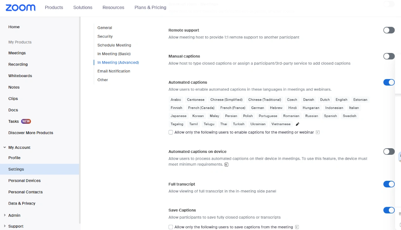 Zoom meeting settings options.